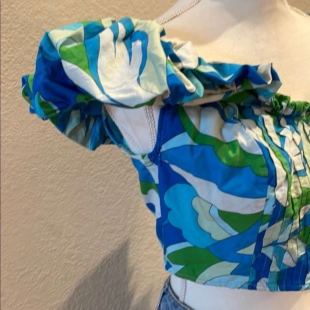 Maeve by Anthropologie Blue/Green Ruffled Off-Shoulder Crop Blouse